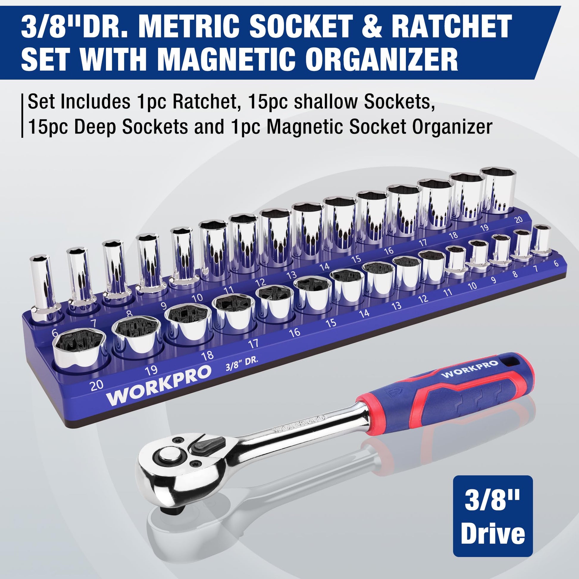 3/8 in drive metric socket set with blue magnetic organizer tray and chrome ratchet