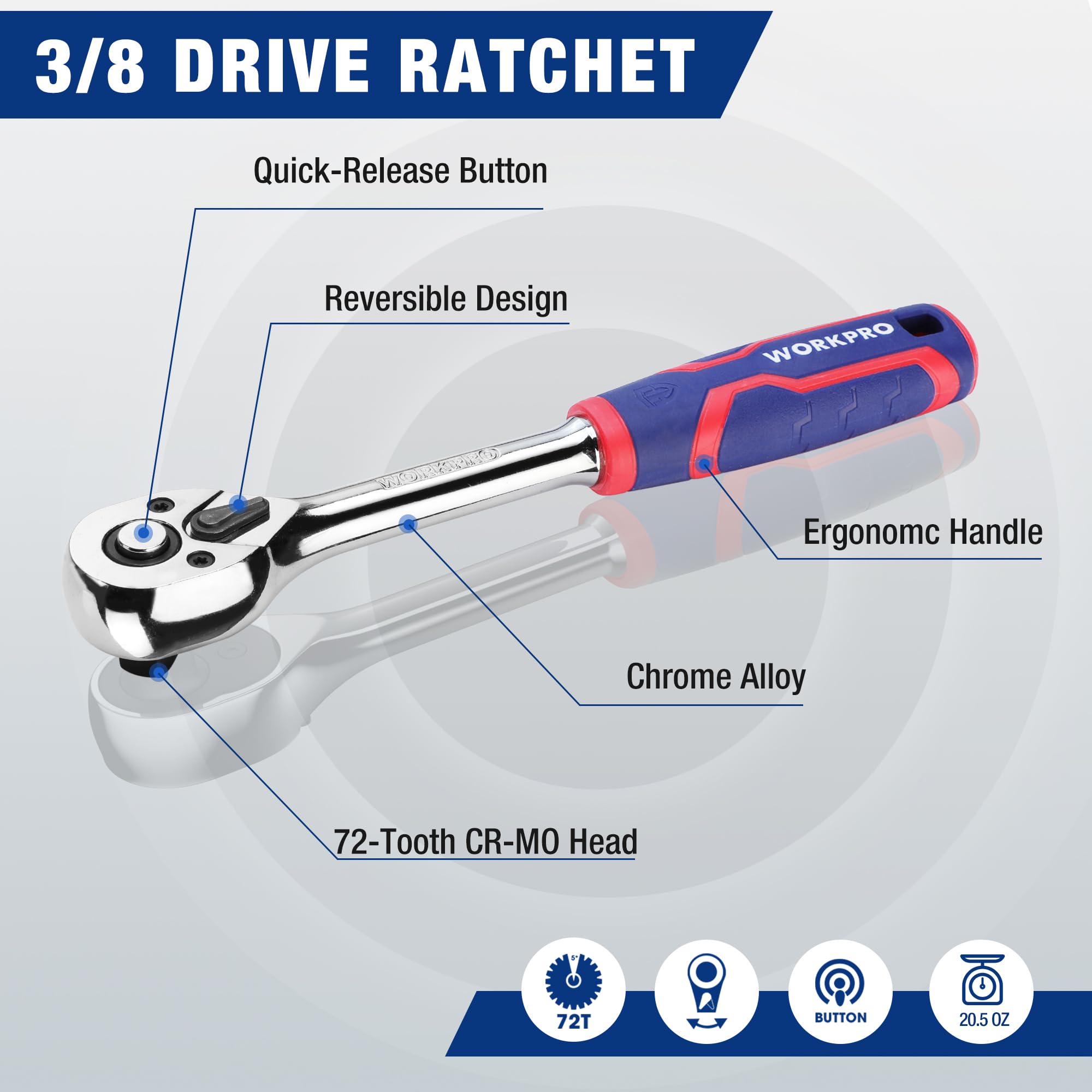 3/8 in drive chrome ratchet with reversible head and red-blue ergonomic handle