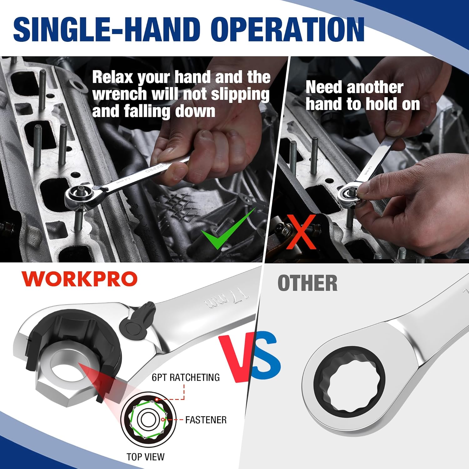 Single-hand reversible ratchet wrench with knurled thumb control on chrome head