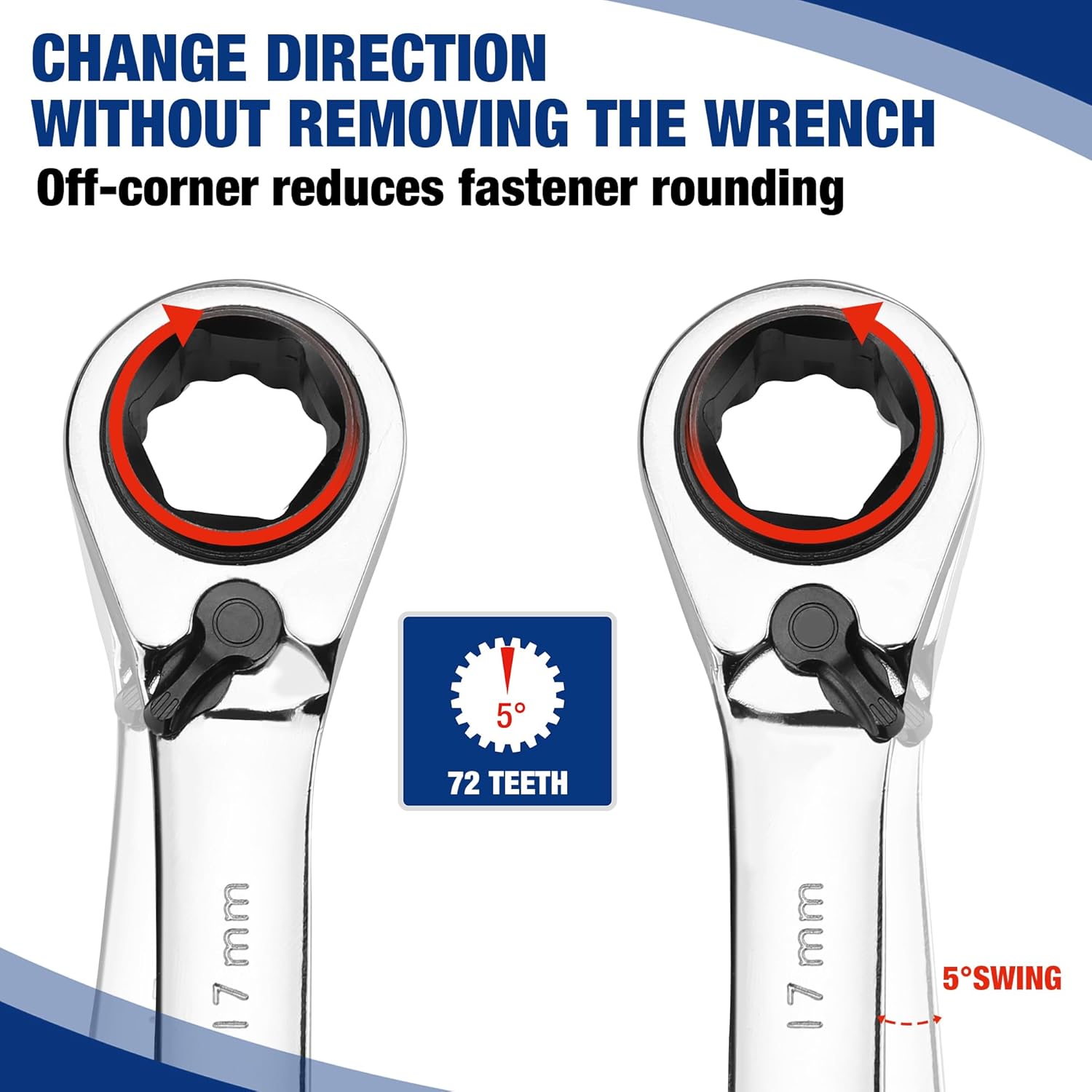 Reversible ratchet wrench with chrome finish and black ratcheting head, 72-tooth drive
