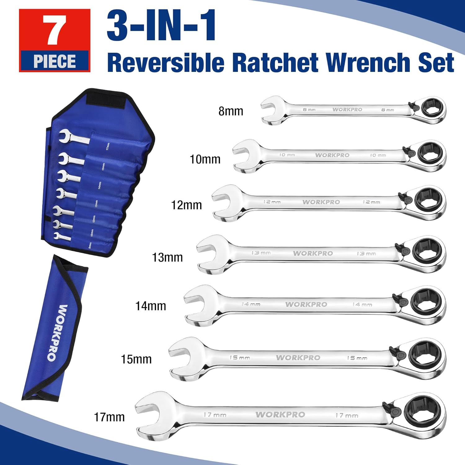 3-in-1 reversible ratchet wrench set with chrome wrenches and blue storage pouch