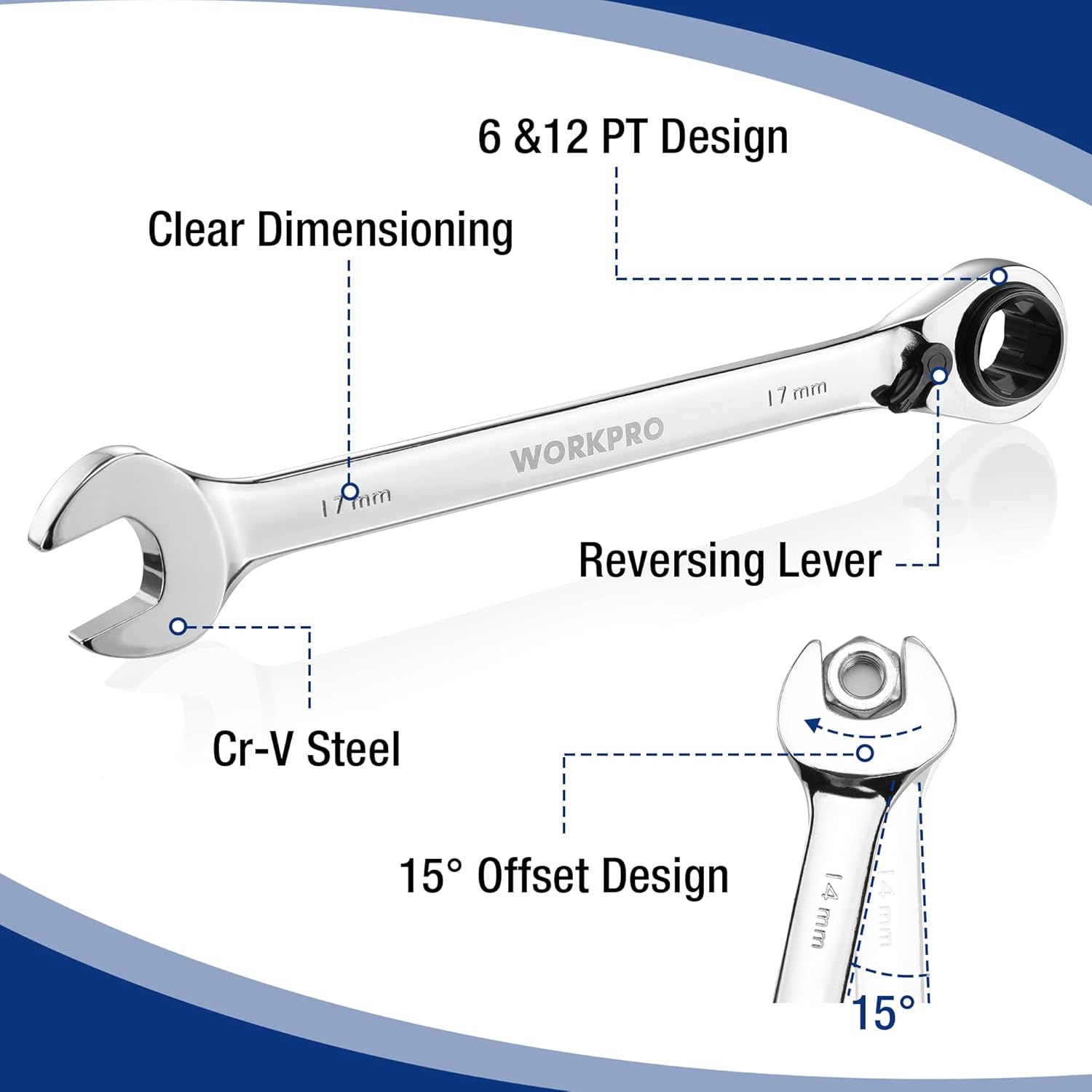 Cr-V steel ratchet wrench with 15° offset, reversing lever, and size markings