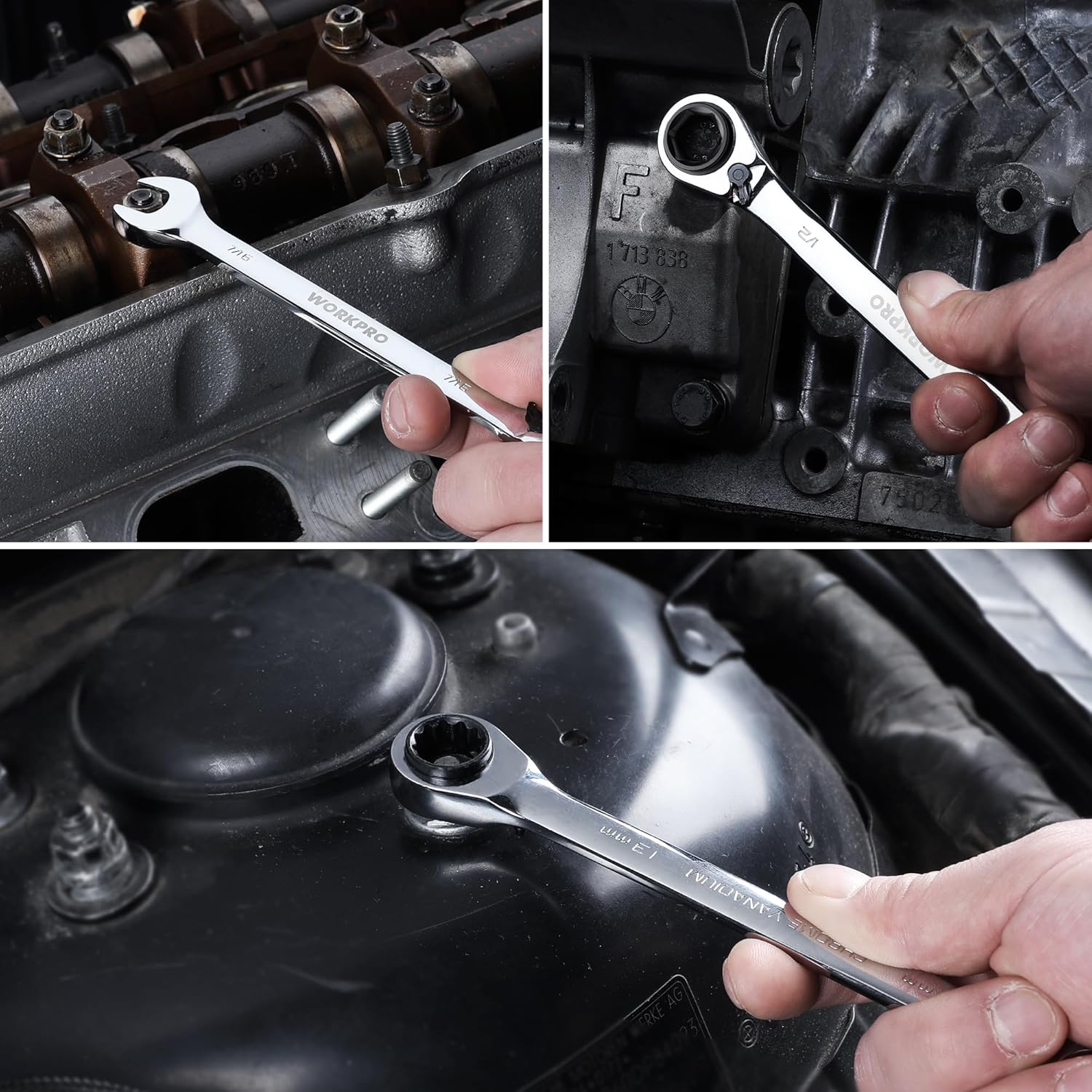 Chrome reversible ratchet wrench gripping a bolt head in a tight engine bay
