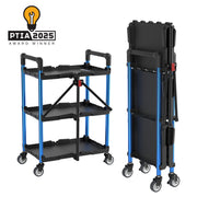 Three-tier collapsible cart with black shelves and blue frame, open and folded on wheels