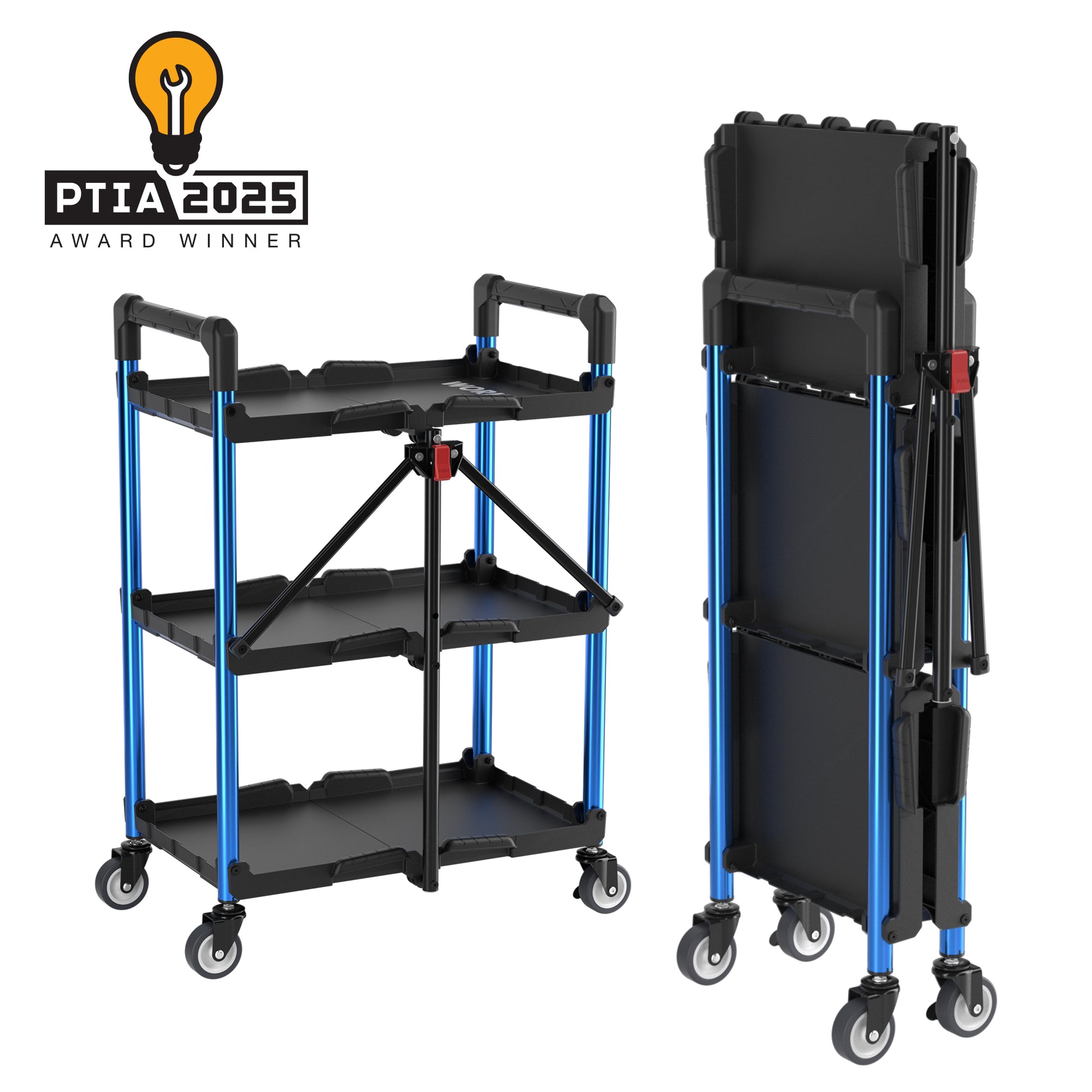 Three-tier collapsible cart with black shelves and blue frame, open and folded on wheels