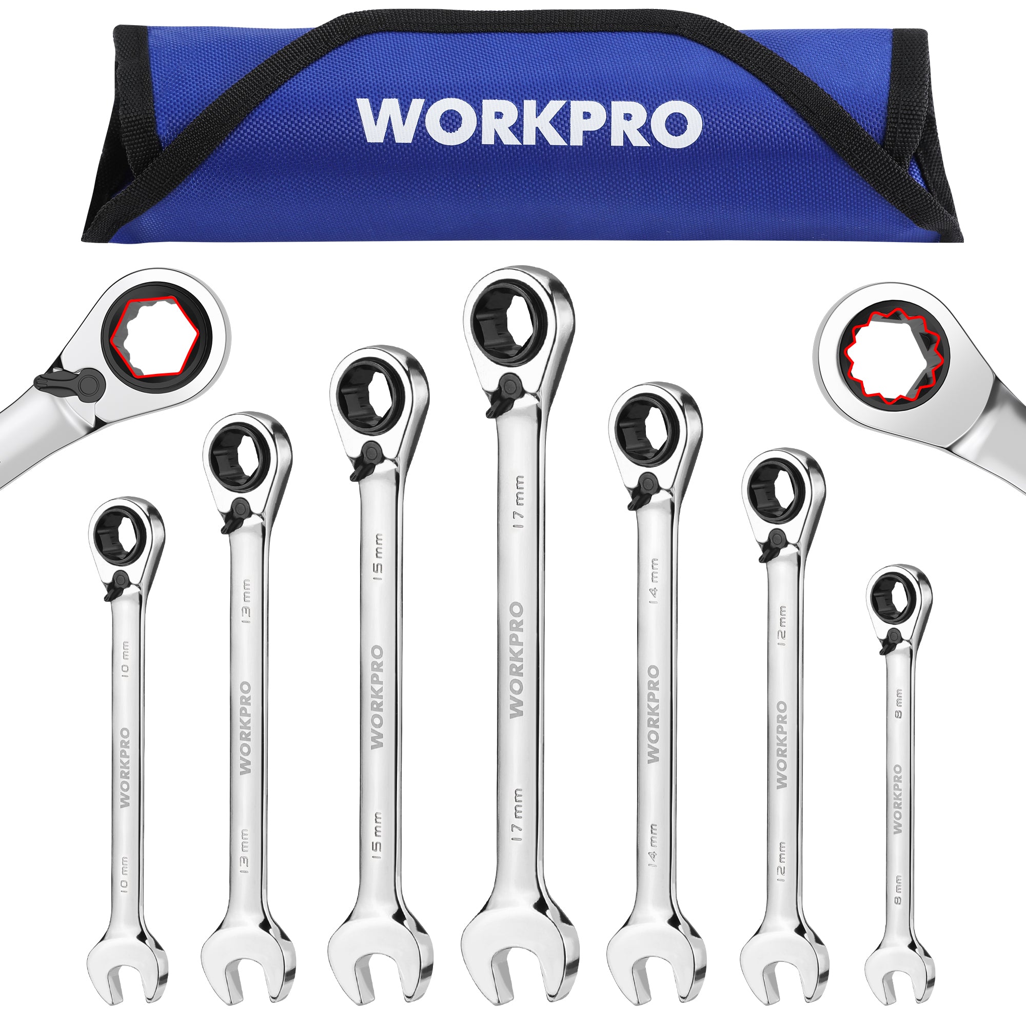 WORKPRO metric 7-piece 3-in-1 reversible ratchet wrench set with silver chrome wrenches and black ratchet heads