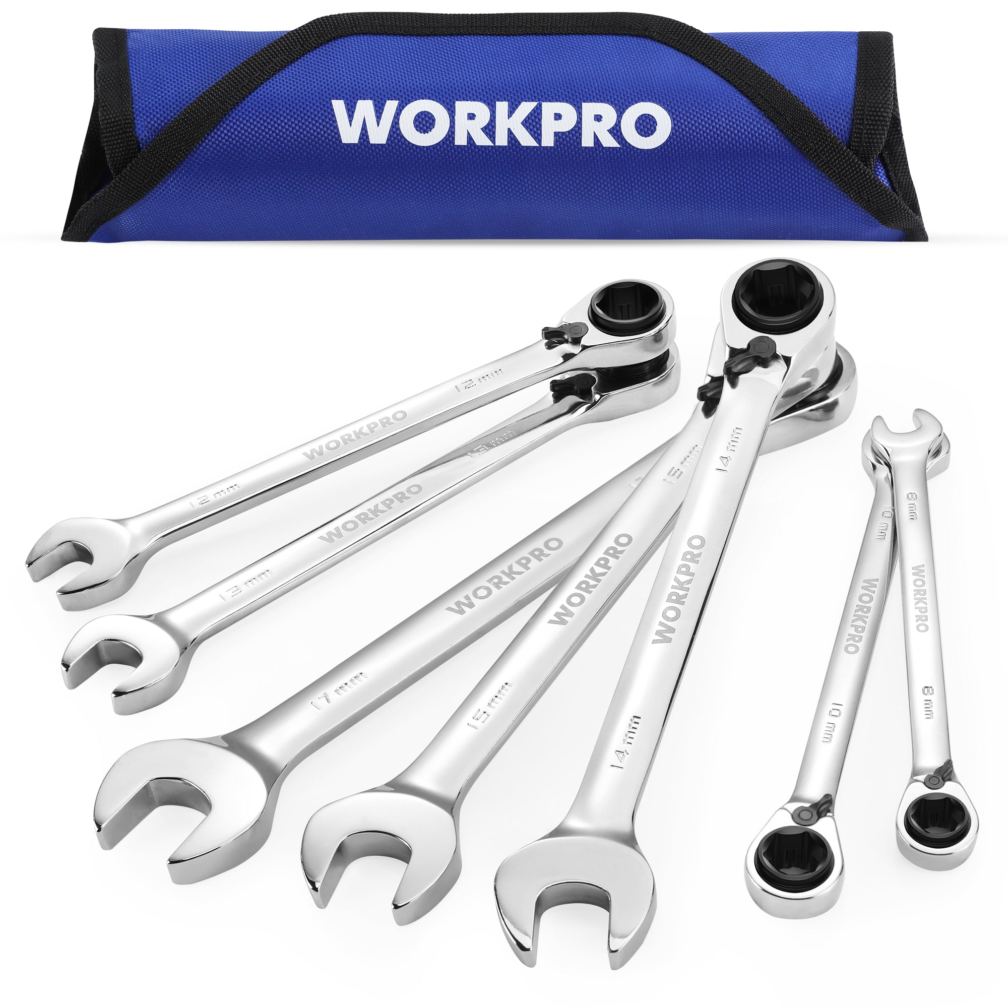 WORKPRO metric 7-piece 3-in-1 reversible ratchet wrench set with chrome finish and black ratchet heads in fabric carrying pouch