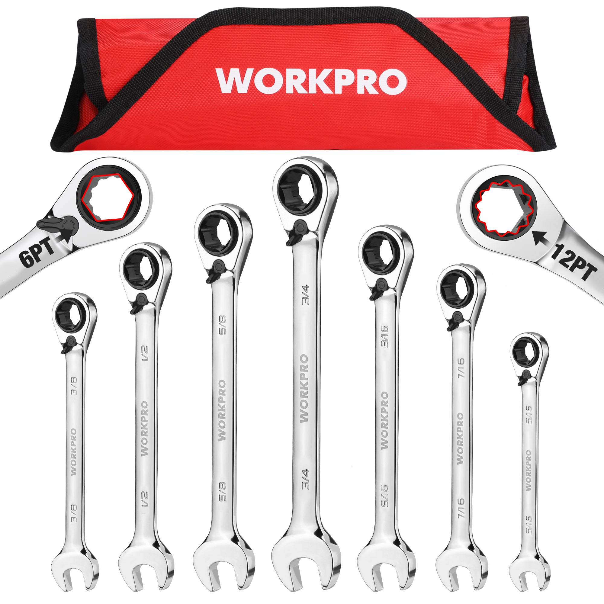 WORKPRO 7-Piece 3-in-1 Reversible Ratchet Wrench Set in red and black with quality steel for secure use