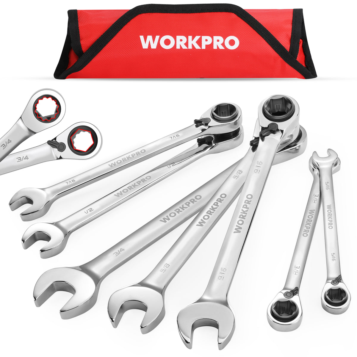 WORKPRO 7-Piece 3-in-1 Reversible Ratchet Wrench Set, SAE, silver steel with quality innovation and durable secure use