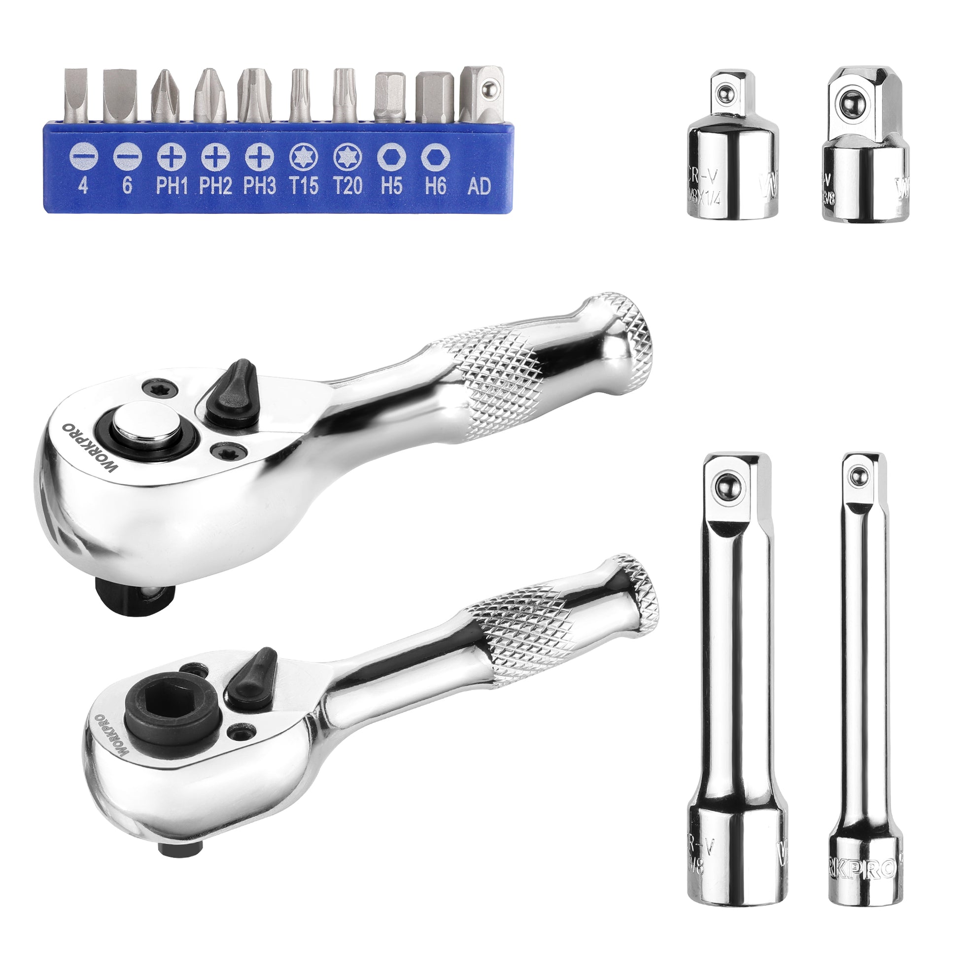 Chrome stubby ratchet driver kit with hex bit holder, socket adapters, and two extension bars