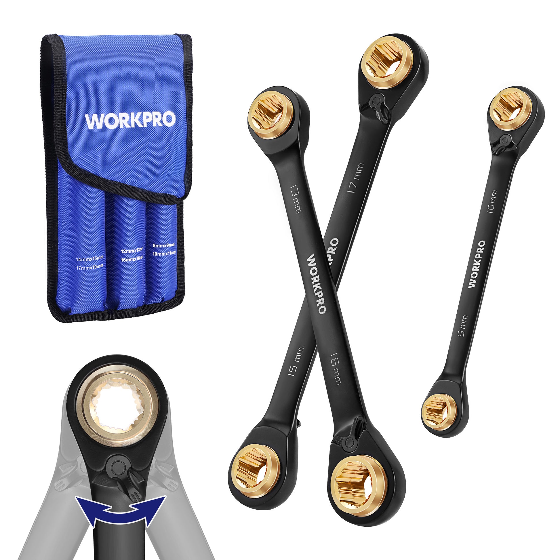 WORKPRO 3-Piece 4-in-1 reversible ratcheting wrench set in black and blue with secure durable quality