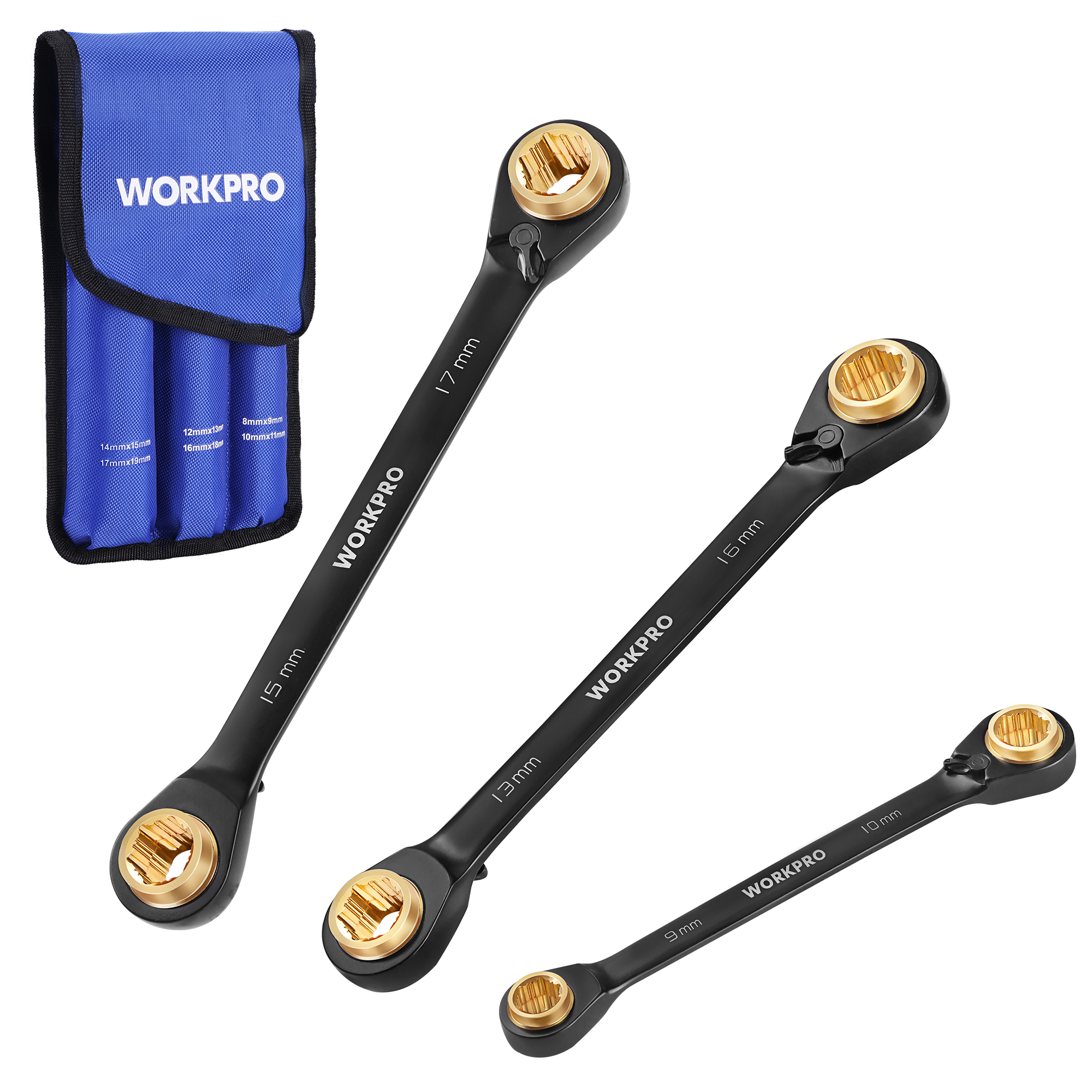 WORKPRO 3-Piece 4-in-1 reversible ratcheting wrench set with secure, durable quality, high-quality steel