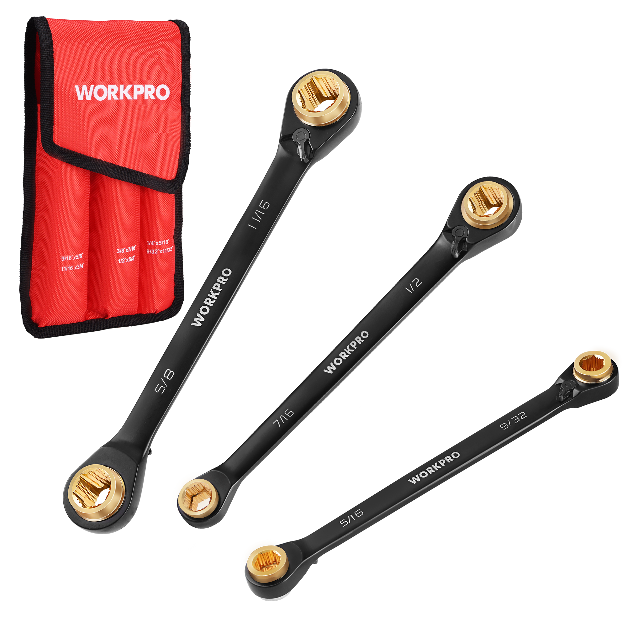WORKPRO 3-Piece 4-in-1 Reversible Ratcheting Wrench Set in red and black with innovation, quality, secure