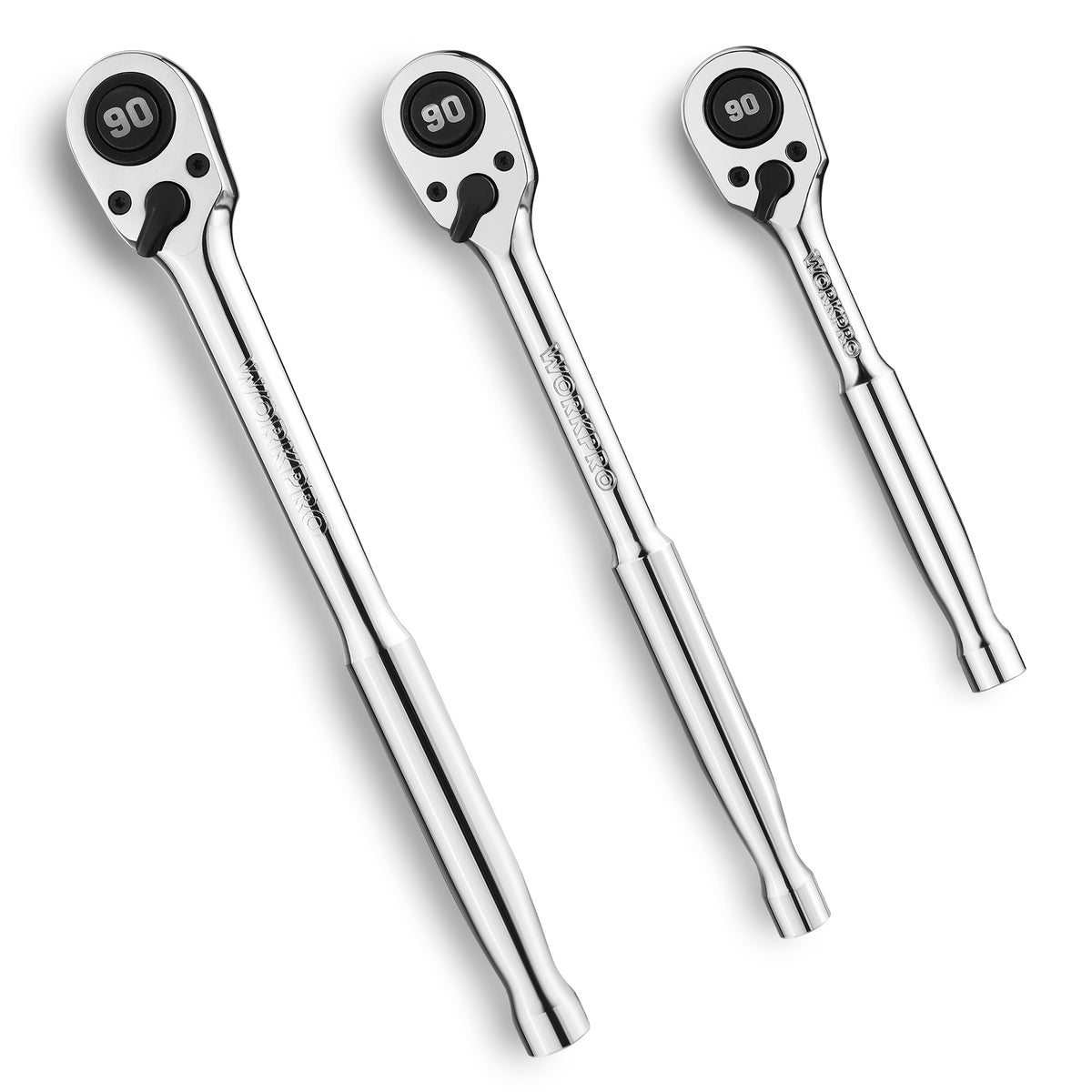 WORKPRO 3-Piece Low-Profile Drive Ratchet, 1/4", 3/8", 1/2" 90-Tooth Quick-Release Ratchet Wrench, Reversible, 4° Swing, CR-MO Compact Drive Head, Full Polished, Gifts for Men