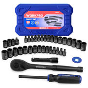 WORKPRO 39PC drive socket wrench set with innovation, quality, and durable black phosphate finish in a blue case