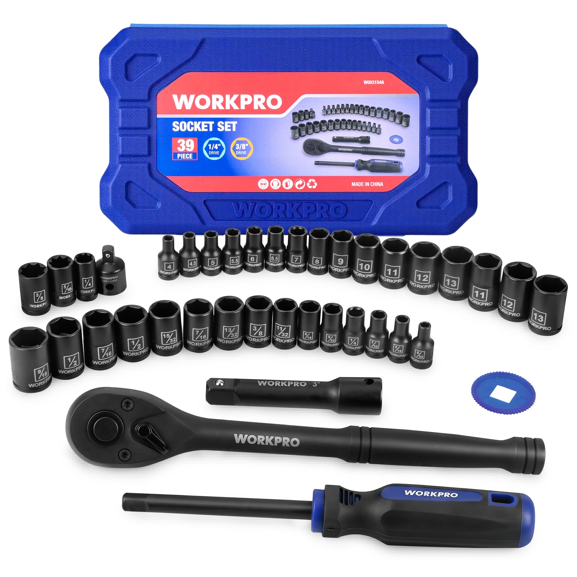 WORKPRO 39PC drive socket wrench set with innovation, quality, and durable black phosphate finish in a blue case
