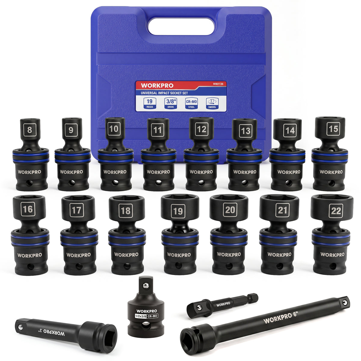 WORKPRO 19-Piece 3/8＂ Dr. Universal Impact Socket Set, Metric