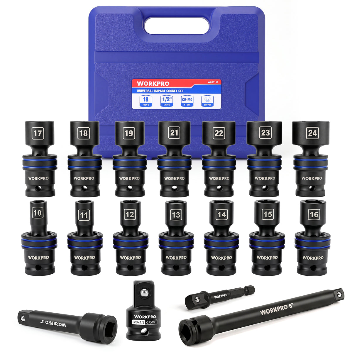 WORKPRO 18-Piece 1/2" Dr. Universal Impact Socket Set, Metric