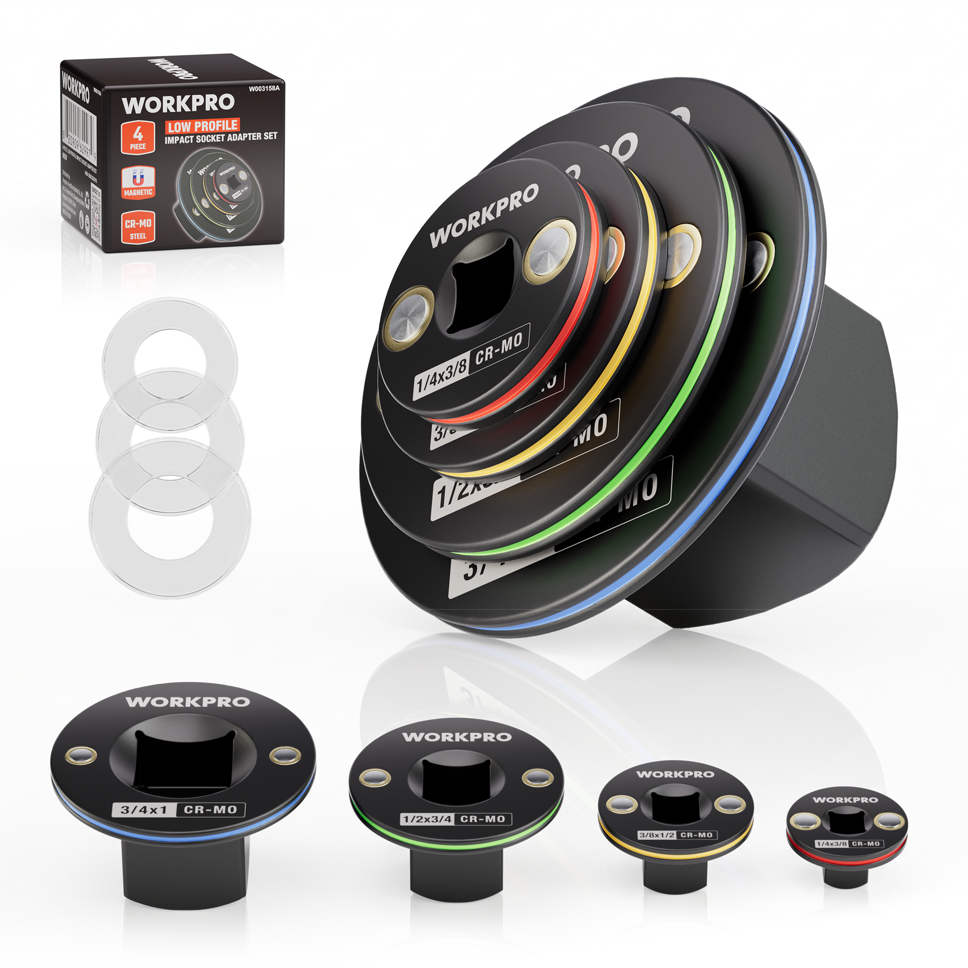 WORKPRO 4-Piece low profile impact socket adapter set with magnetic stubby design, durable quality