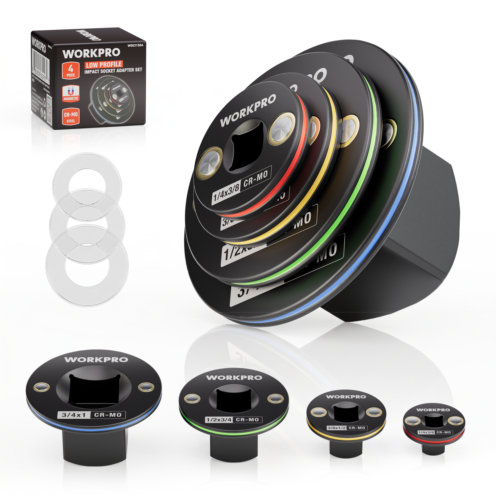 WORKPRO 4-Piece low profile impact socket adapter set with magnetic stubby design, durable quality