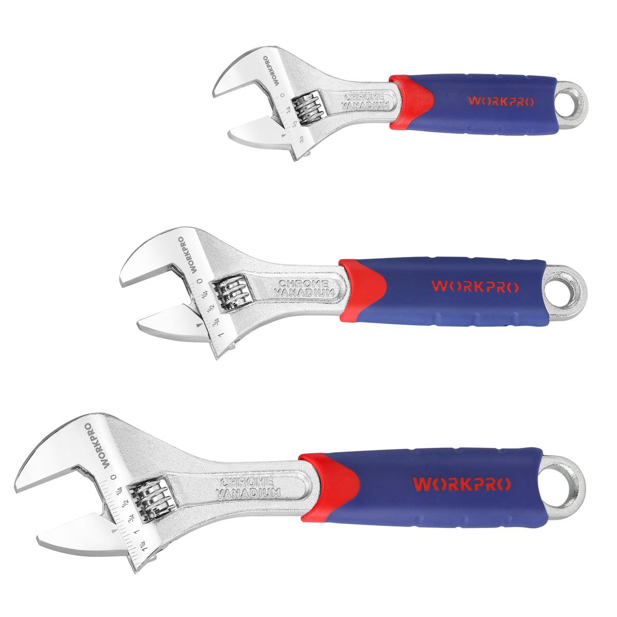 WORKPRO 3 Pcs Adjustable Wrench Set in blue and red with innovation, quality, durable chrome vanadium steel