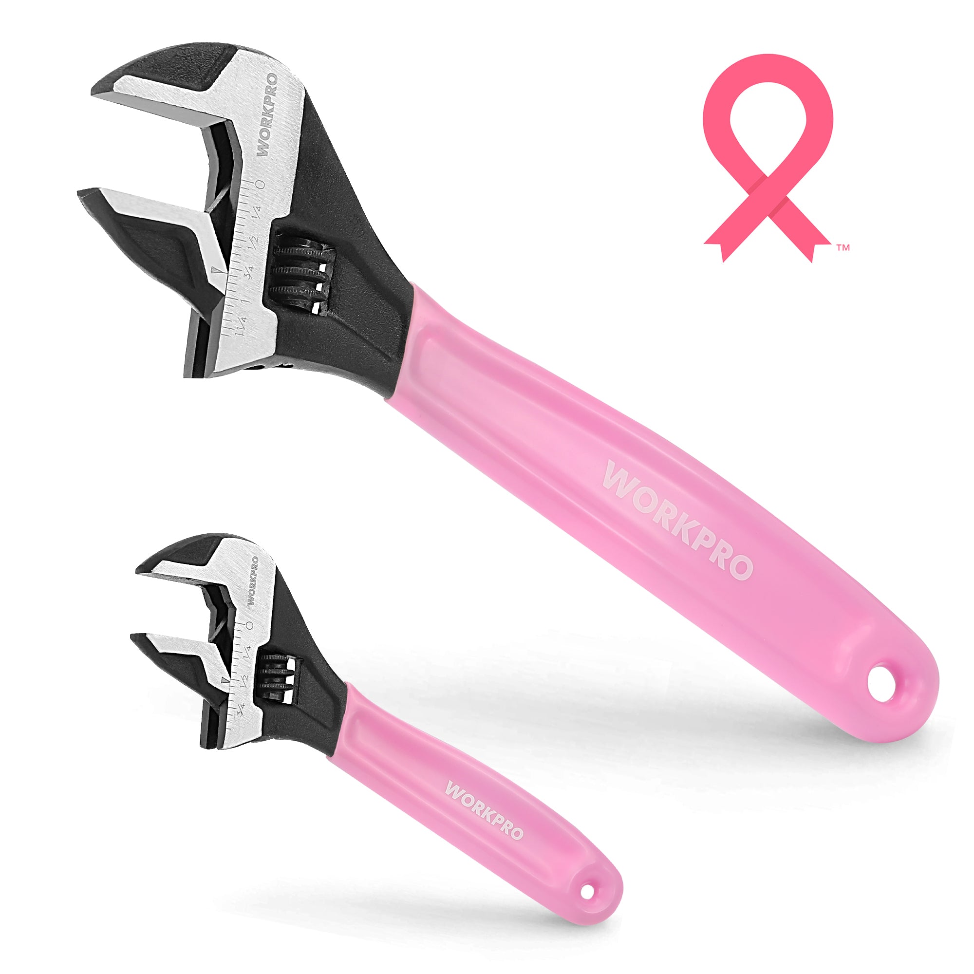 WORKPRO 2-piece Pink Adjustable Wrench Set, 6-Inch & 10-Inch, Wide Jaw Black Oxide Wrench, Metric & SAE Scales, Cr-V Steel - Pink Ribbon