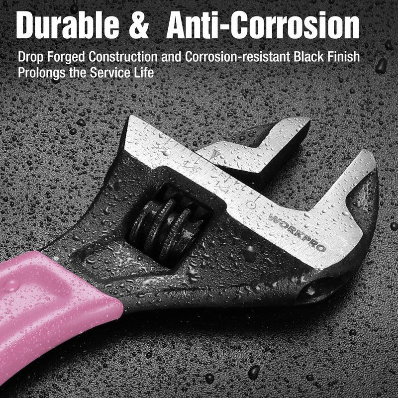 WORKPRO 2-piece Pink Adjustable Wrench Set, 6-Inch & 10-Inch, Wide Jaw Black Oxide Wrench, Metric & SAE Scales, Cr-V Steel - Pink Ribbon