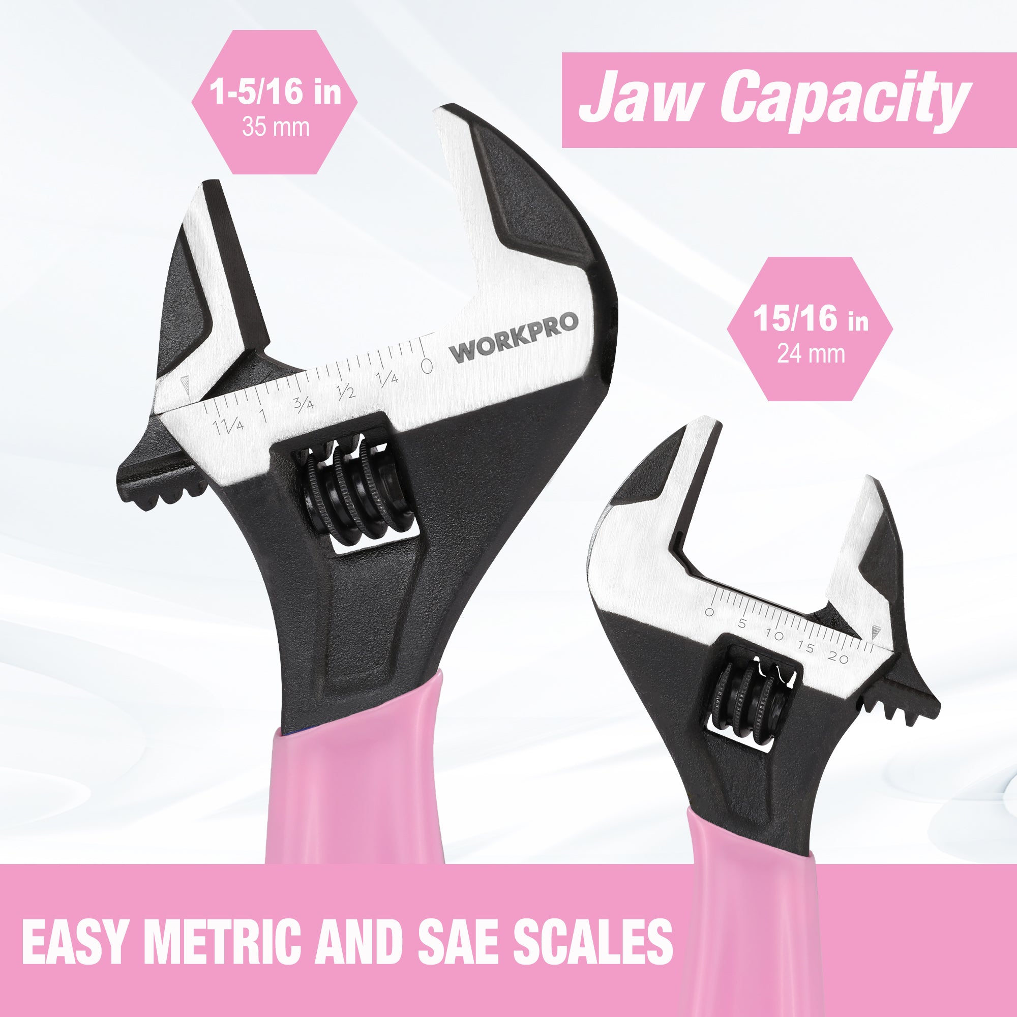 Two adjustable wrenches with pink handles, wide jaws and printed measurement scale