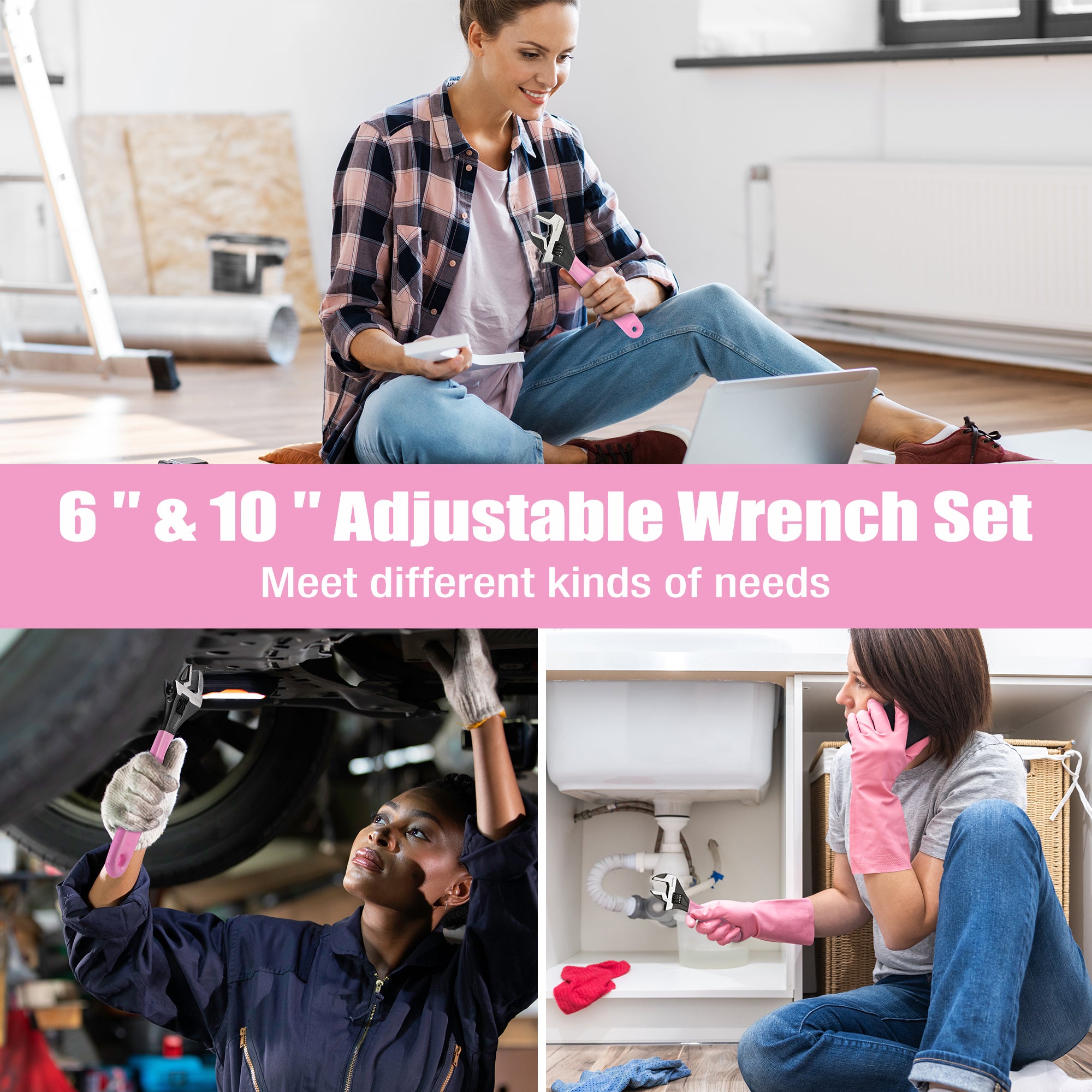 Pink adjustable wrench set shown in home repair and plumbing scenes