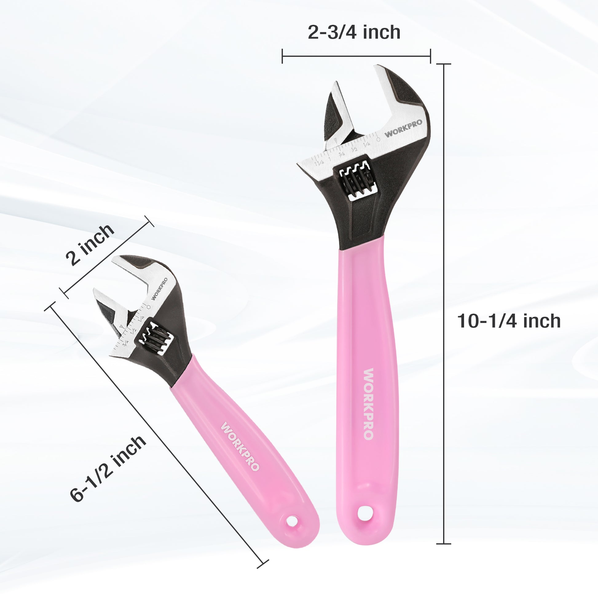 Pair of pink adjustable wrenches with black jaws, shown with size labels