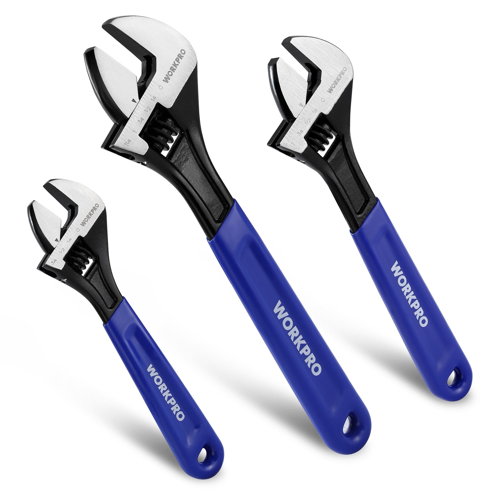 Adjustable wrench set with three WORKPRO wrenches, black jaws and blue handles