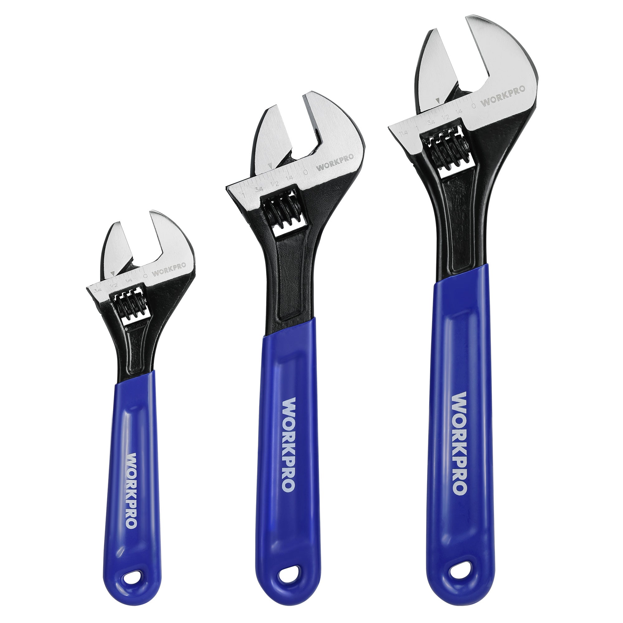 Three WORKPRO adjustable wrenches on a white background, black jaws and blue handles