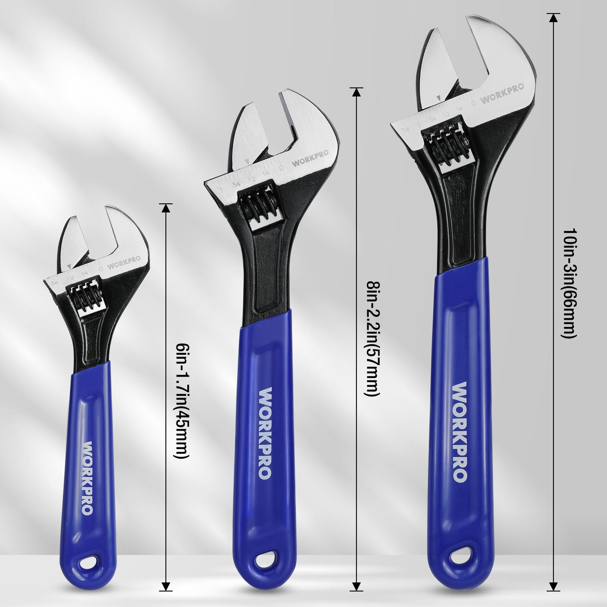 Three WORKPRO adjustable wrenches with black jaws and blue handles, different sizes