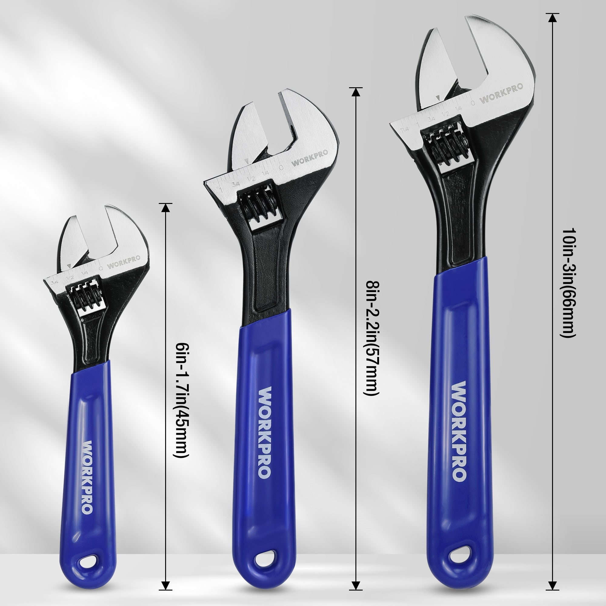 Three WORKPRO adjustable wrenches with black jaws and blue handles, different sizes