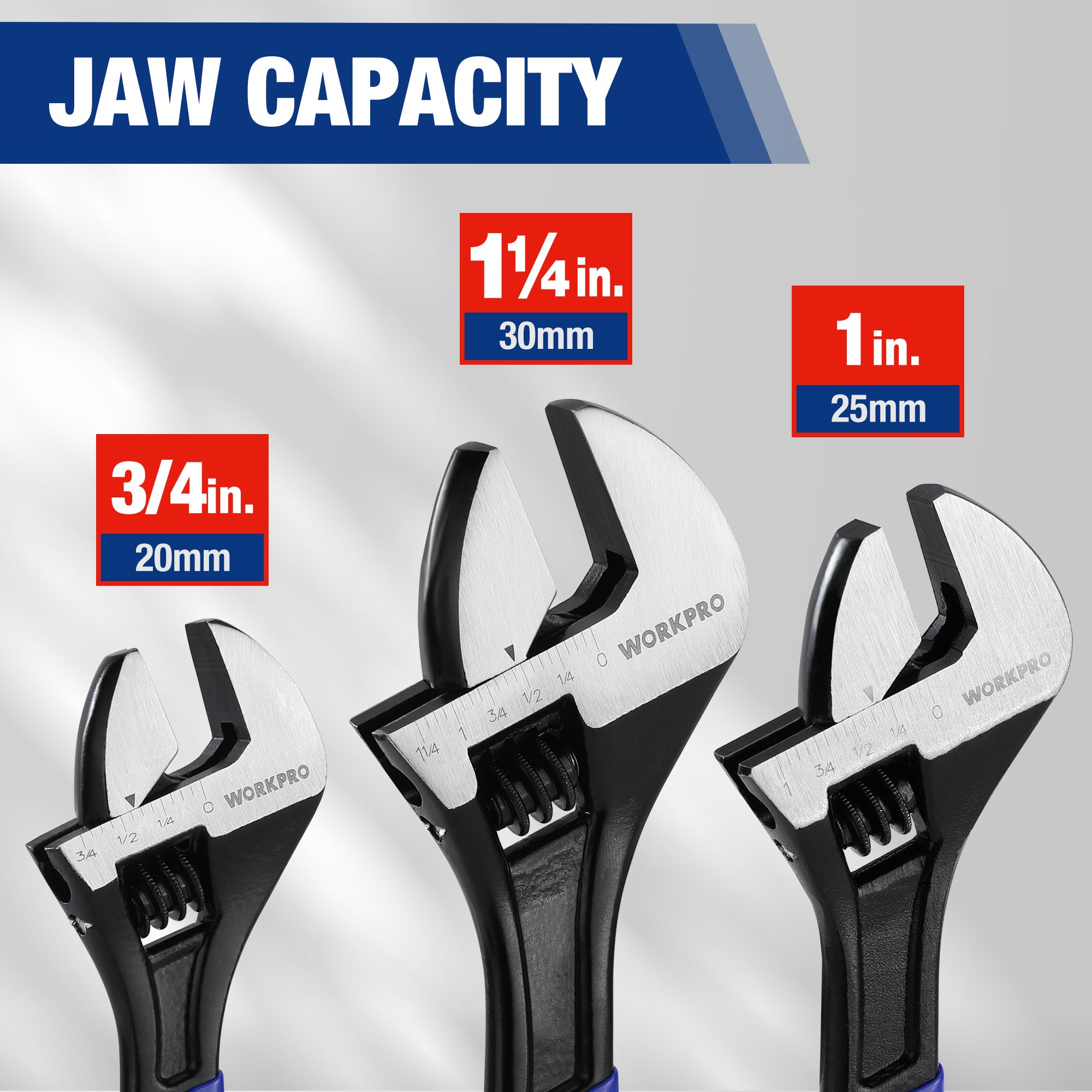 Three WORKPRO adjustable wrenches showing different jaw openings, blue handles