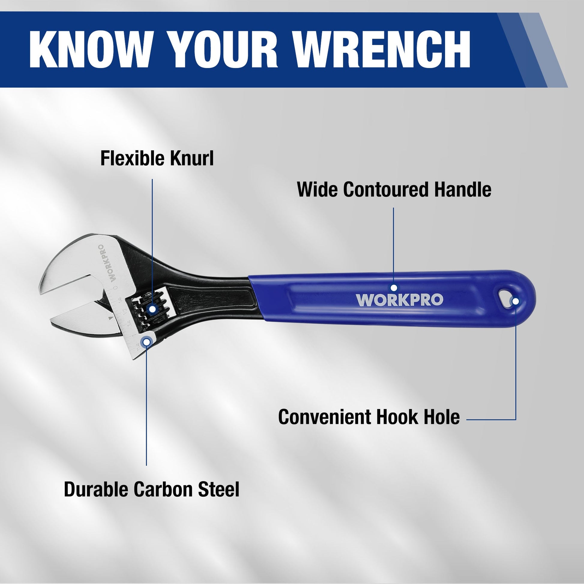 Single WORKPRO adjustable wrench with blue handle, black jaw, and contoured grip