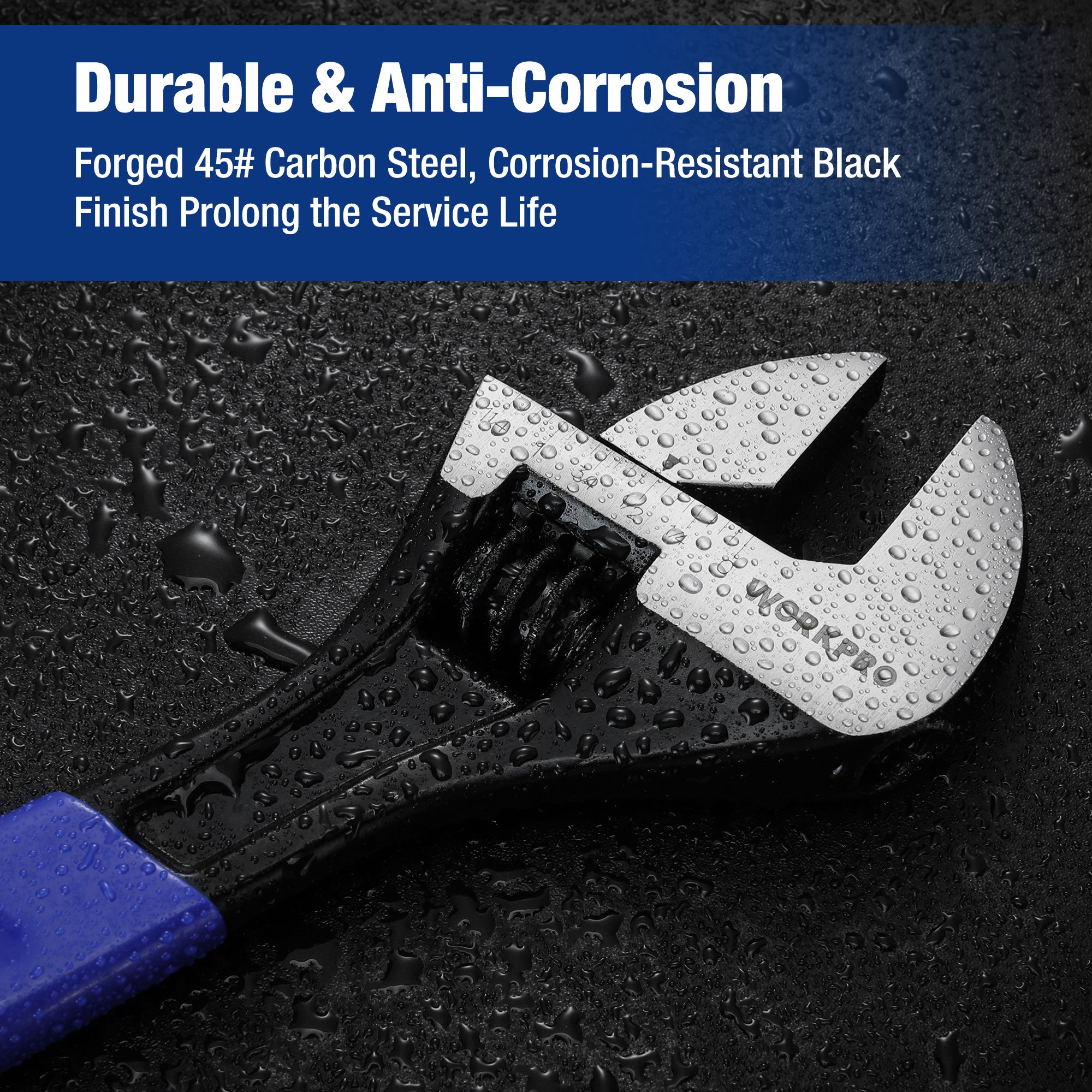 WORKPRO adjustable wrench with water droplets on the metal jaws, blue handle