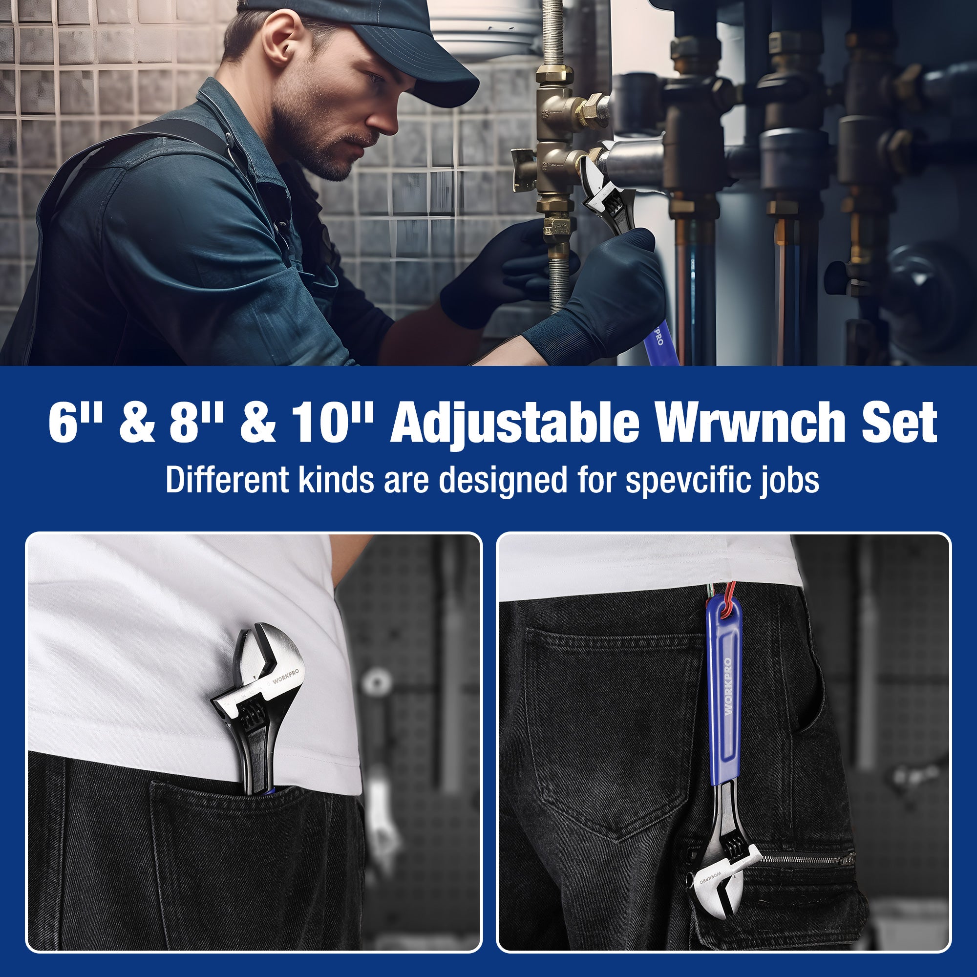 Adjustable wrench set in use: WORKPRO wrench held near industrial plumbing pipes