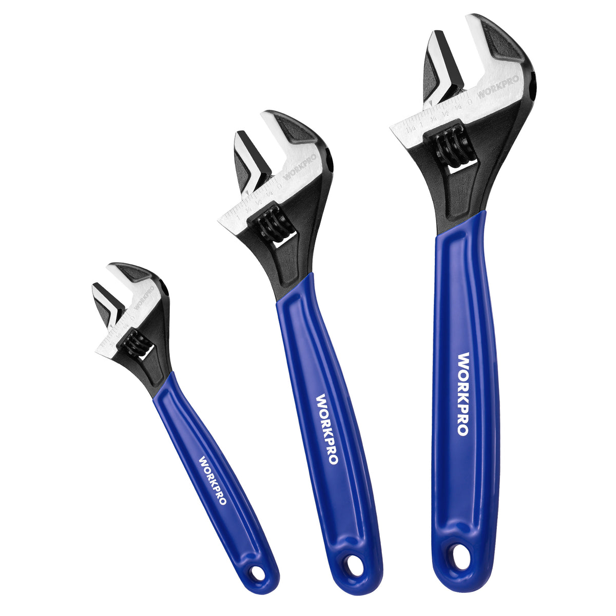 WORKPRO 3-piece Adjustable Wrench Set in black oxide with blue handles, durable quality and secure grip innovation