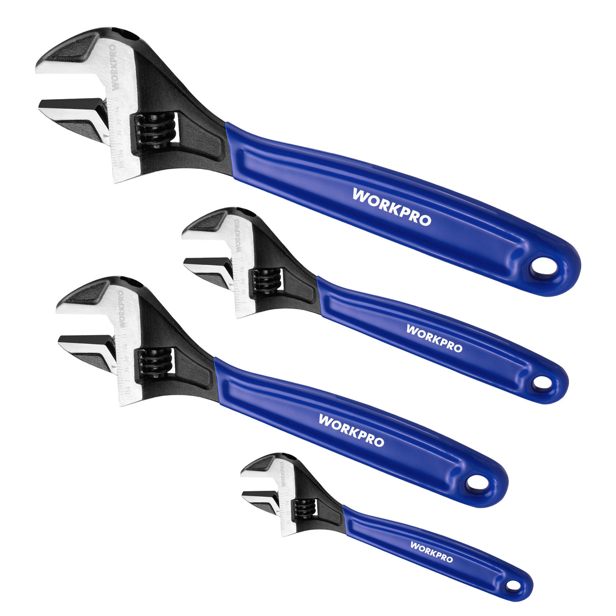 WORKPRO 4-piece Adjustable Wrench Set with blue handles, innovation quality and durable worm gear grip