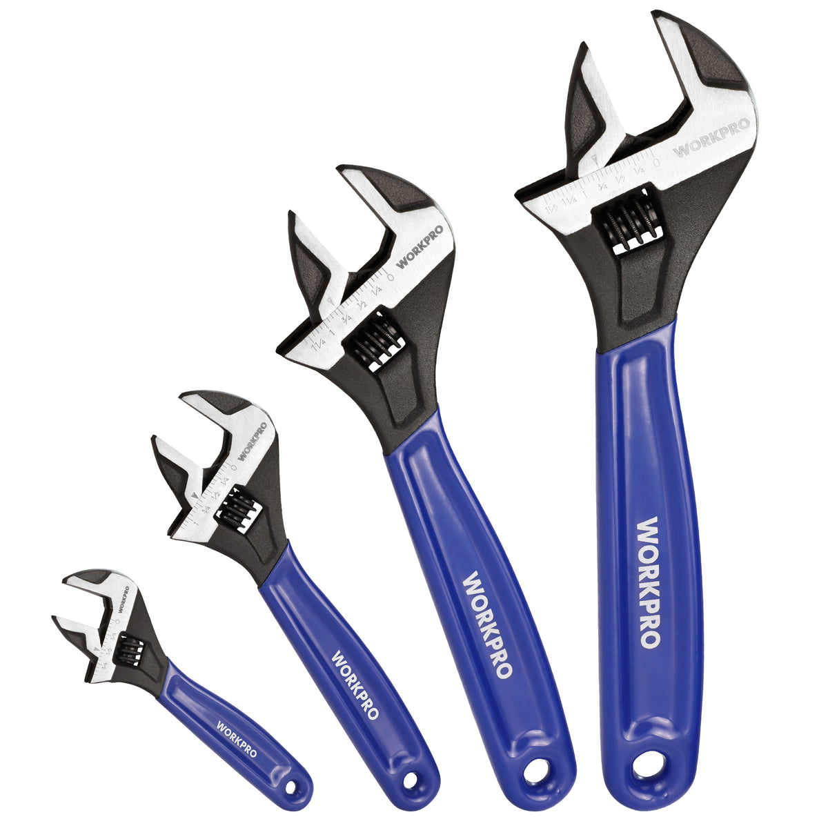 WORKPRO 4-piece Adjustable Wrench Set with innovation, quality, durable steel jaws and secure worm gear