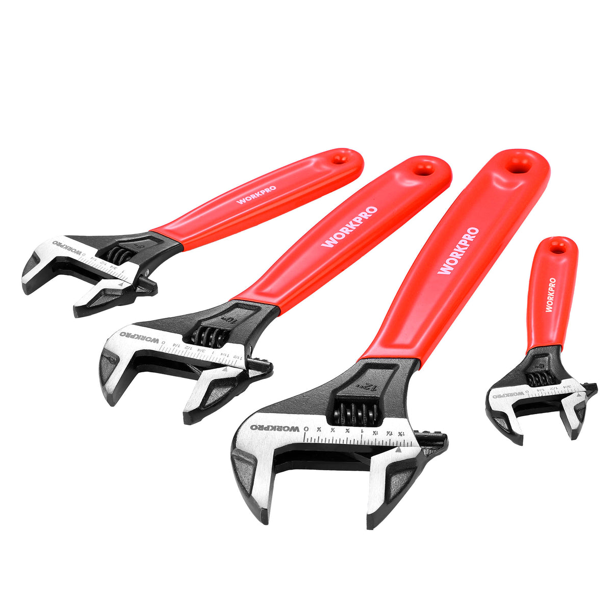 WORKPRO 4 PCS Adjustable Wrench Set, 6", 8", 10" & 12" Wide Jaw Wrenches