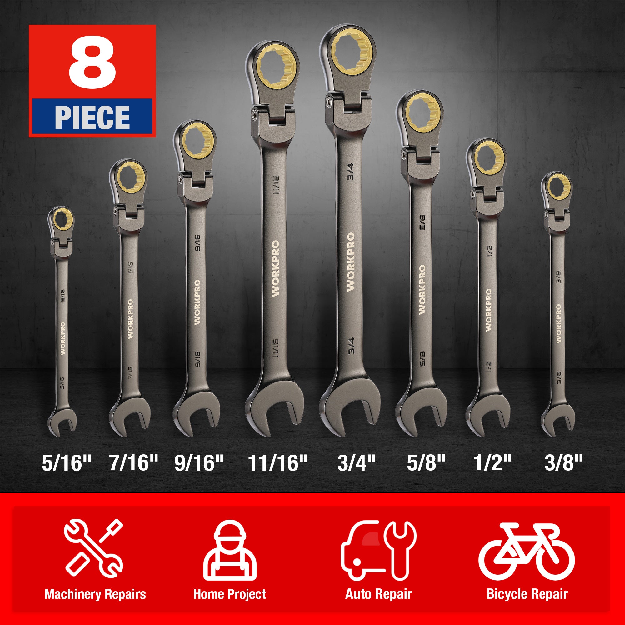WORKPRO 8 Pcs flex-head ratcheting combination wrench set with organizer bag, quality and durable steel