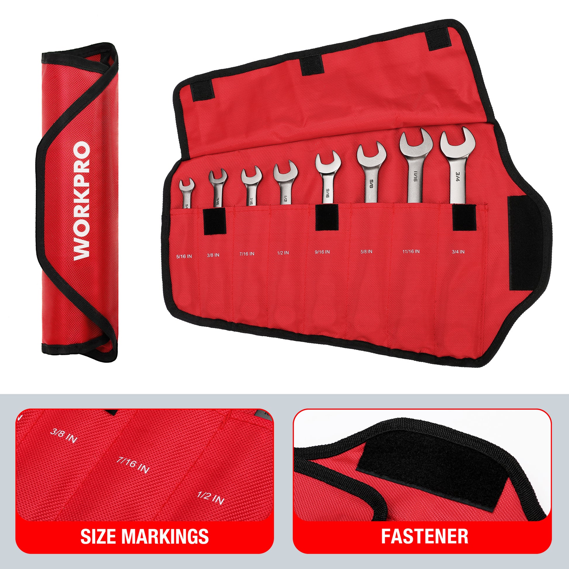 WORKPRO 8 Pcs Flex-Head Ratcheting Combination Wrench Set with Organizer Bag, SAE red with secure quality innovation