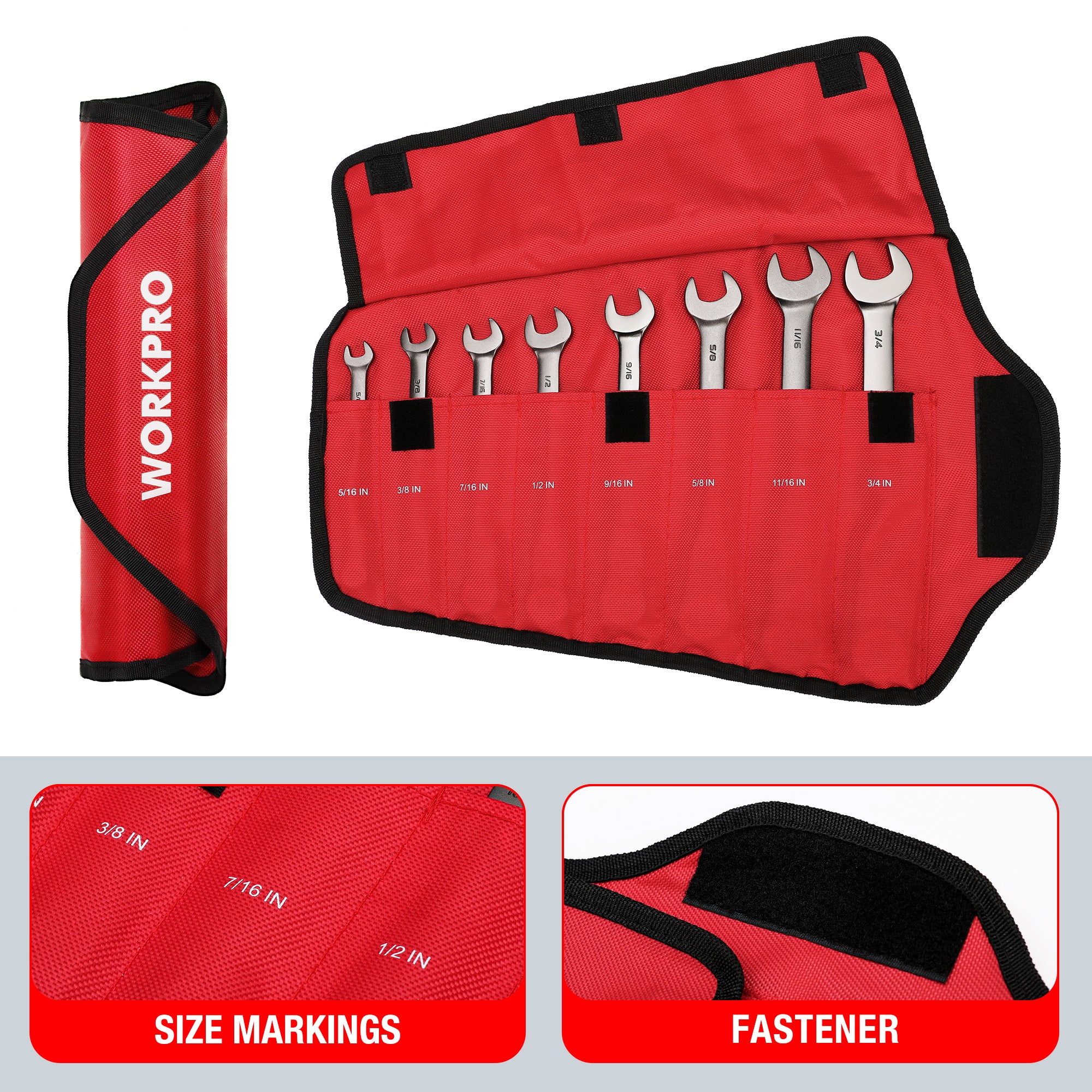 WORKPRO 8 Pcs Flex-Head Ratcheting Combination Wrench Set with Organizer Bag, SAE red with secure quality innovation