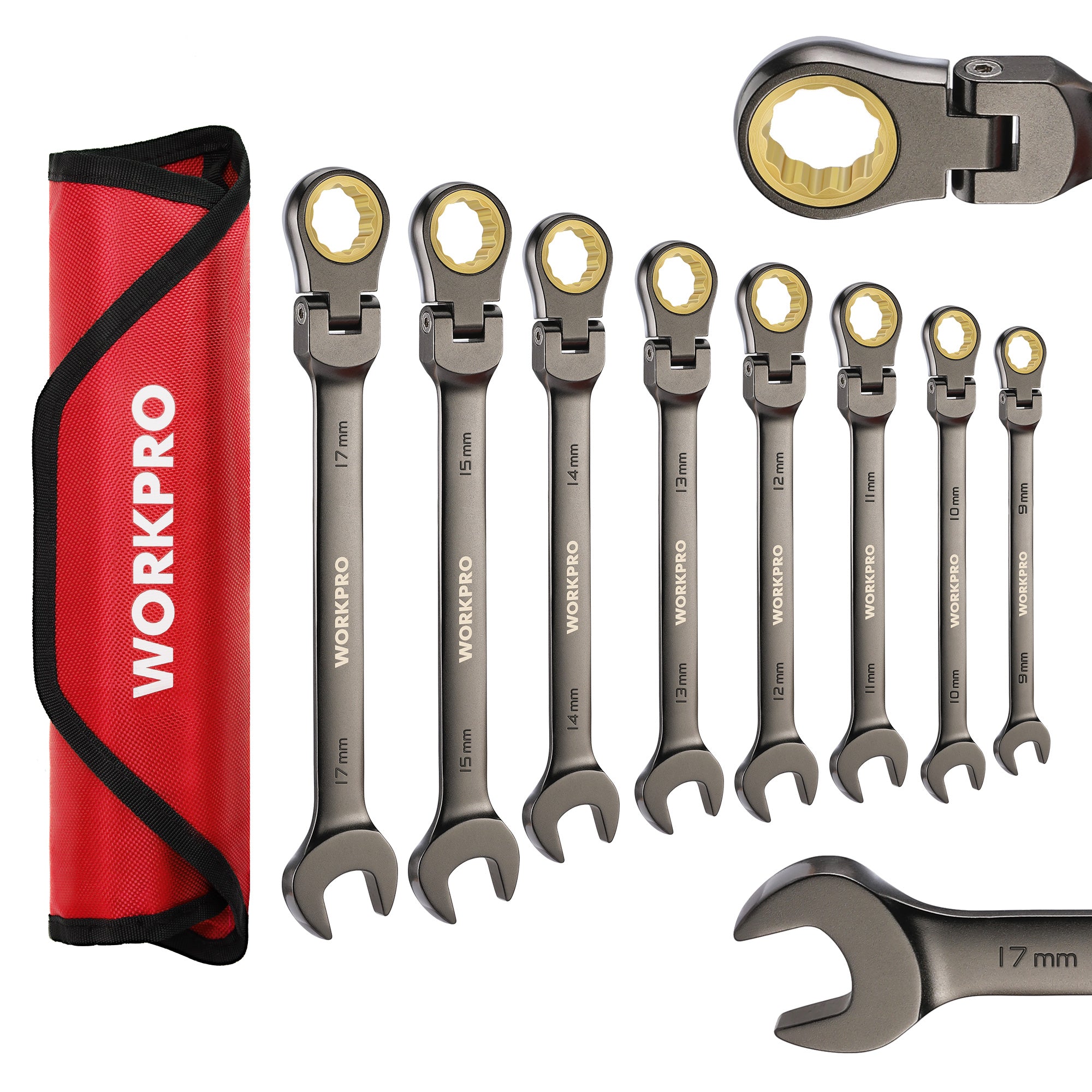 WORKPRO 8 Pcs Flex-Head Ratcheting Combination Wrench Set with Organizer Bag, metric, durable quality
