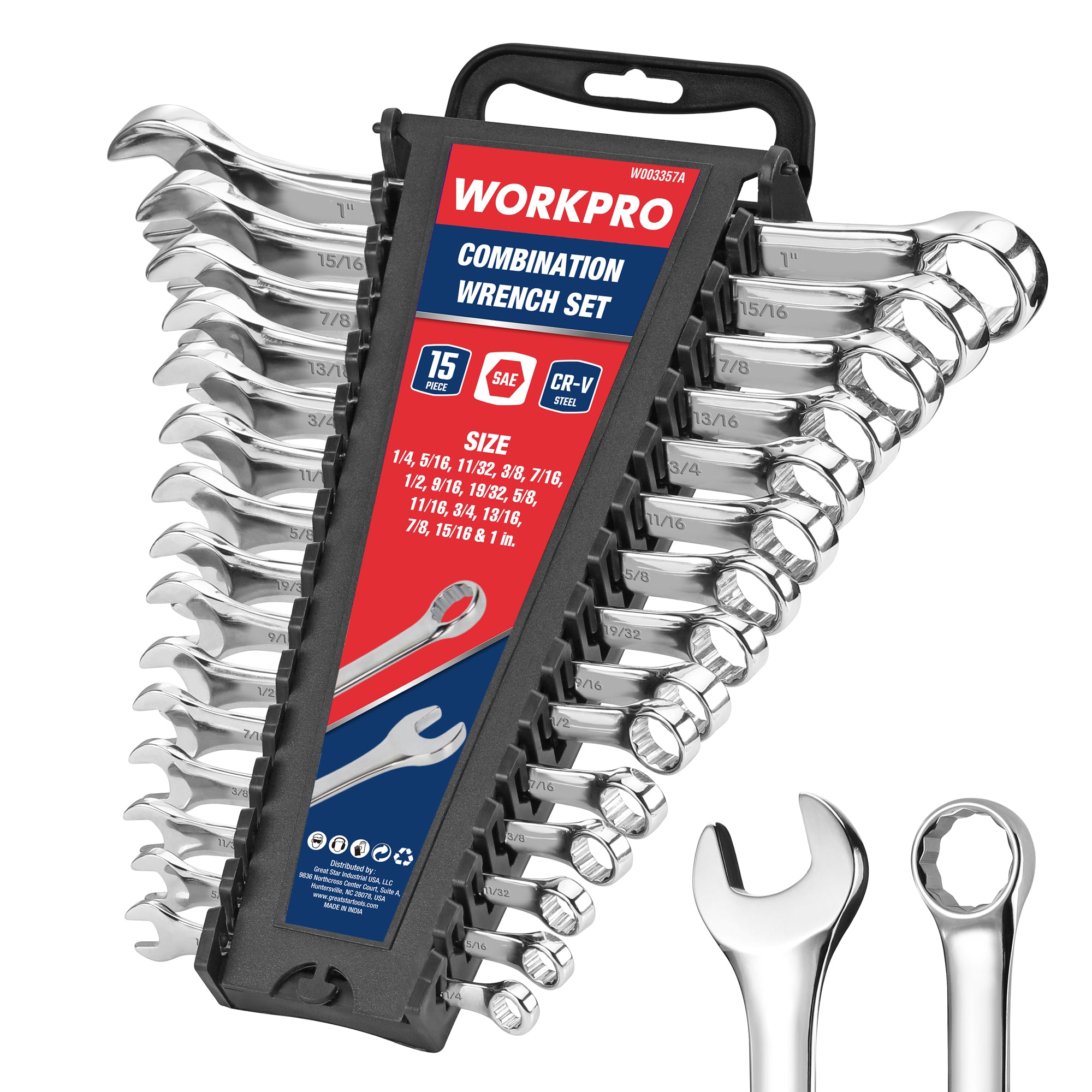 WORKPRO SAE Combination Wrench Set, CR-V Steel, 15PCS Complete Standard SAE Inch Sizes from 1/4" to 1" with Wrench Rack Organizer, Open End and 12-Point Box End Mechanic Wrenches, Mirror Chrome Finish