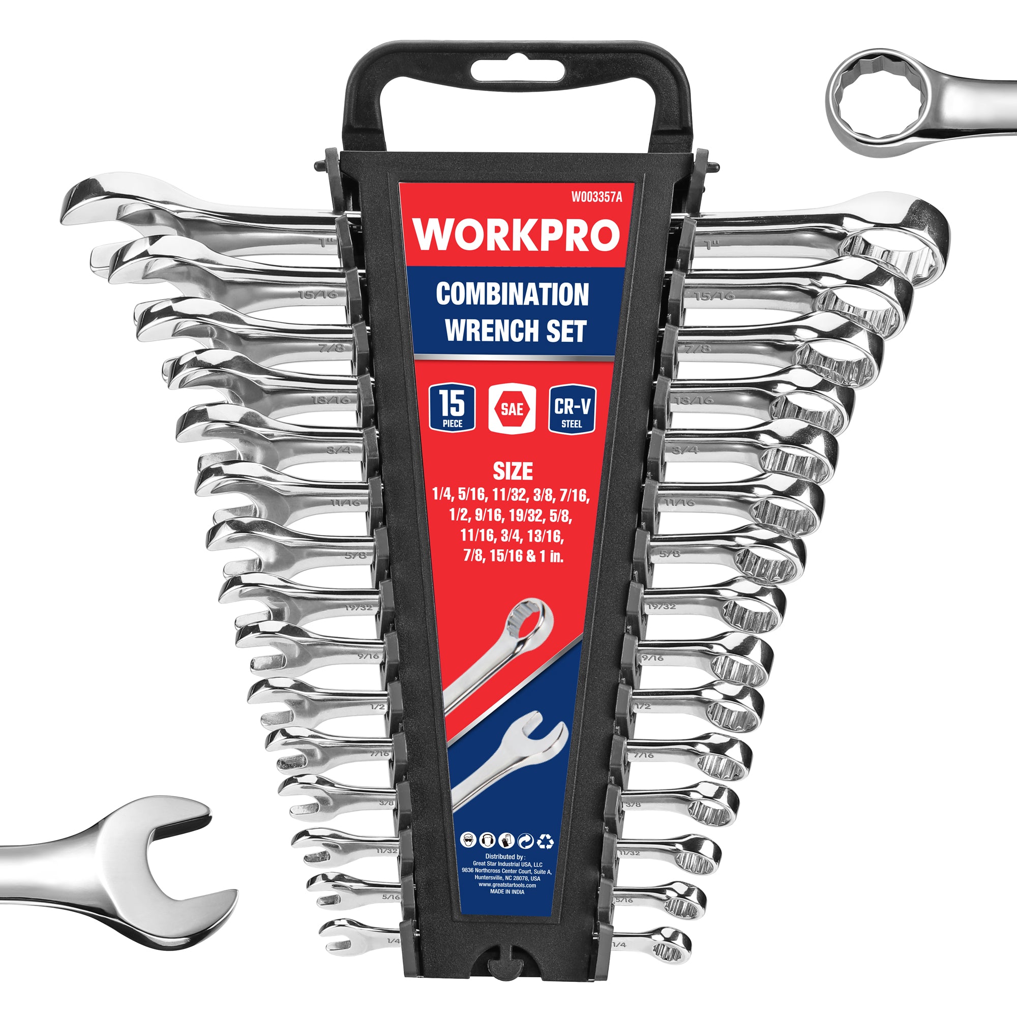 WORKPRO SAE Combination Wrench Set, CR-V Steel, 15PCS Complete Standard SAE Inch Sizes from 1/4" to 1" with Wrench Rack Organizer, Open End and 12-Point Box End Mechanic Wrenches, Mirror Chrome Finish