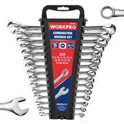 WORKPRO Metric Combination Wrench Set, CR-V Steel, 15PCS Complete Sizes from 8 to 25mm with Rack Organizer, Open End and 12-Point Box End Mechanic Wrenches, Mirror Chrome Finish