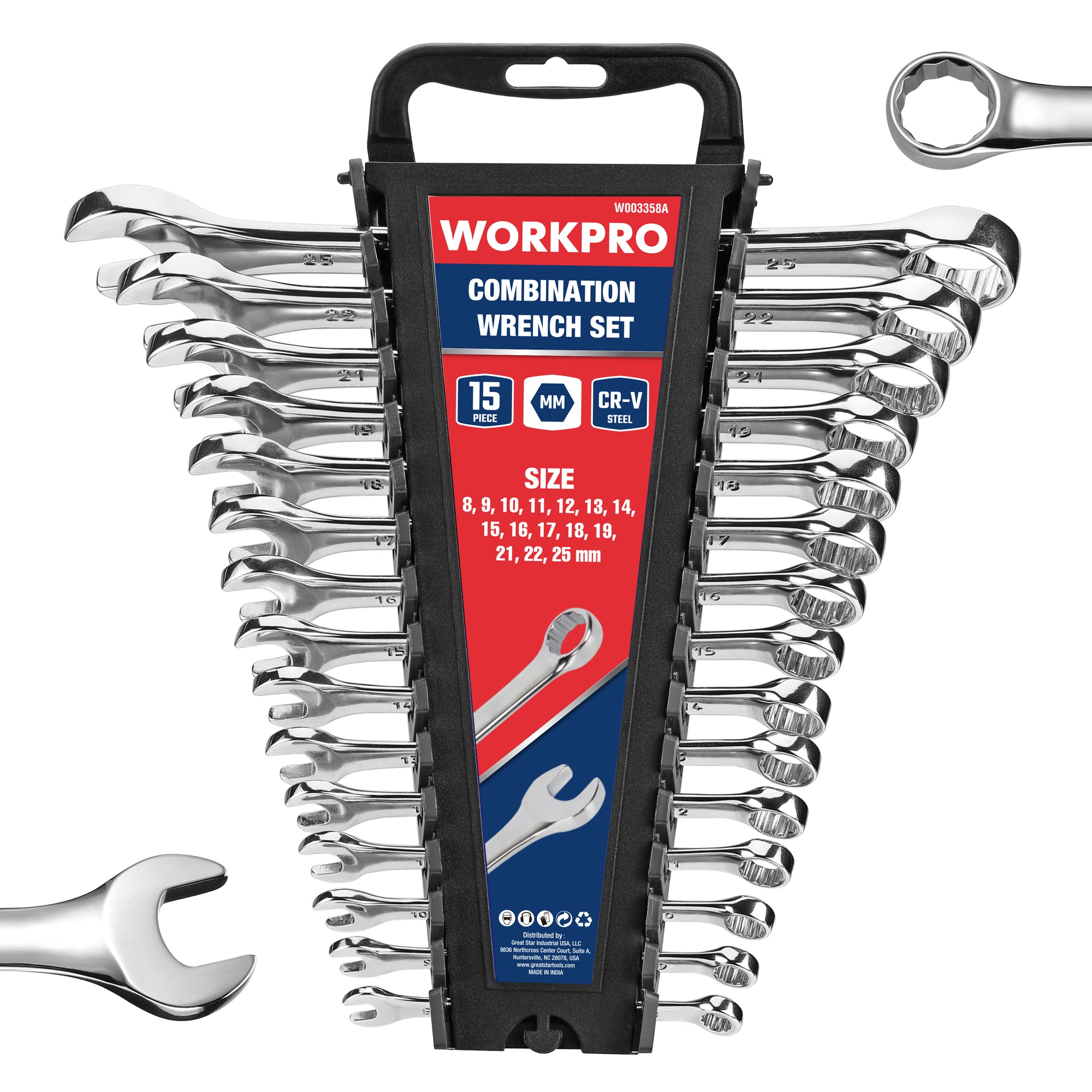 WORKPRO Metric Combination Wrench Set, CR-V Steel, 15PCS Complete Sizes from 8 to 25mm with Rack Organizer, Open End and 12-Point Box End Mechanic Wrenches, Mirror Chrome Finish